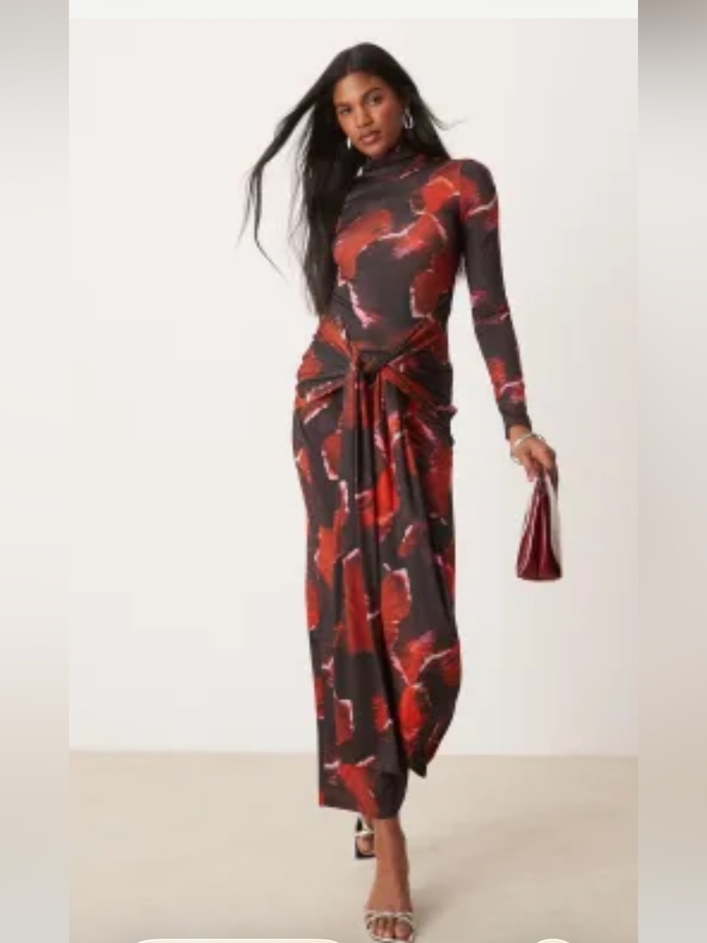 ASOS Pretty Lavish tie waist roll neck maxi dress in red abstract print